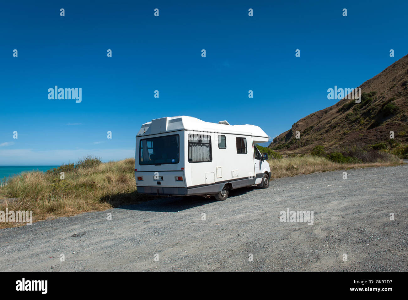 Motorhome or campervan parking by the coast of Kaikoura in South Island of New Zealand Stock Photo