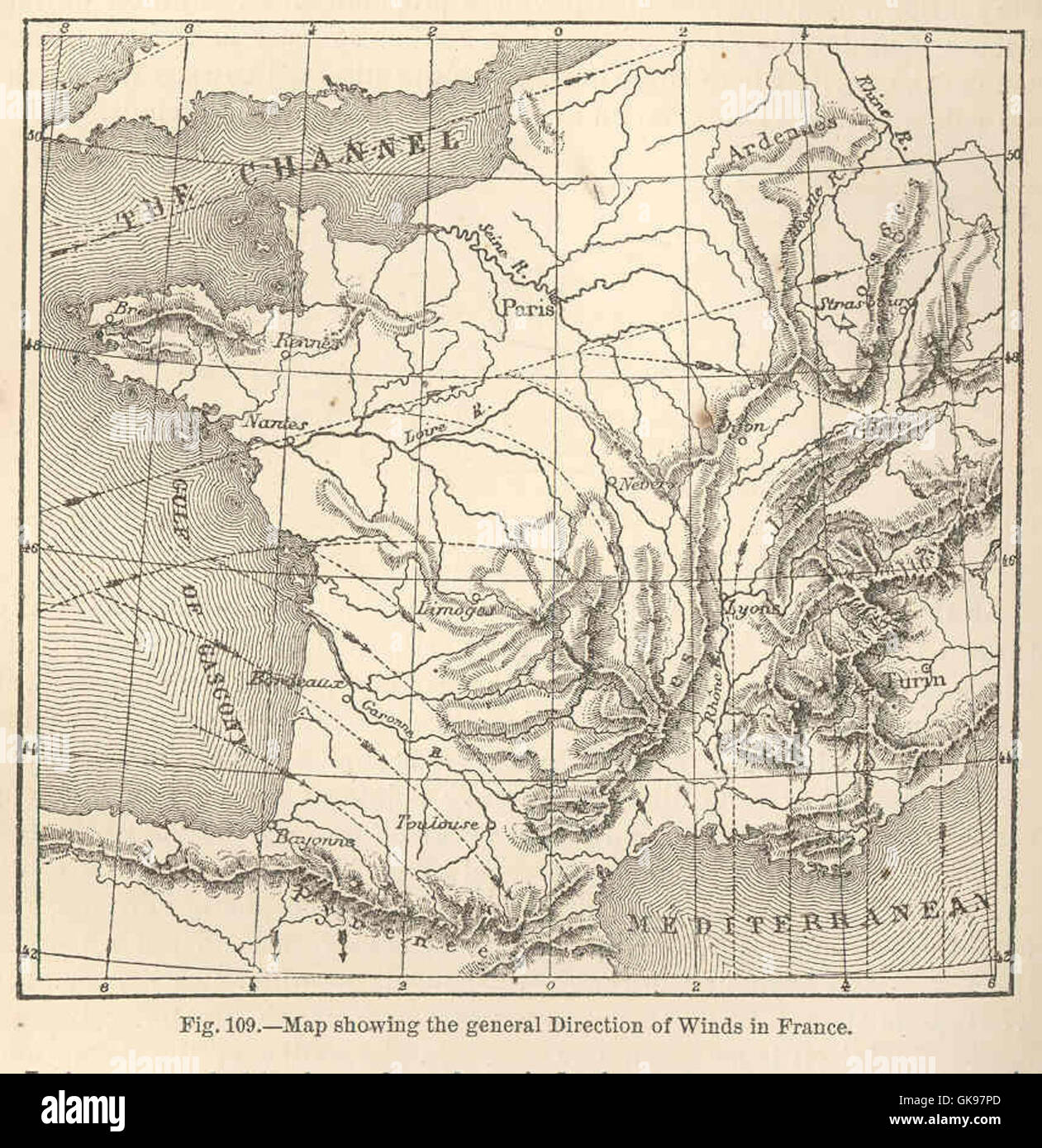 43924 Map showing the general Direction of Winds in France Stock Photo