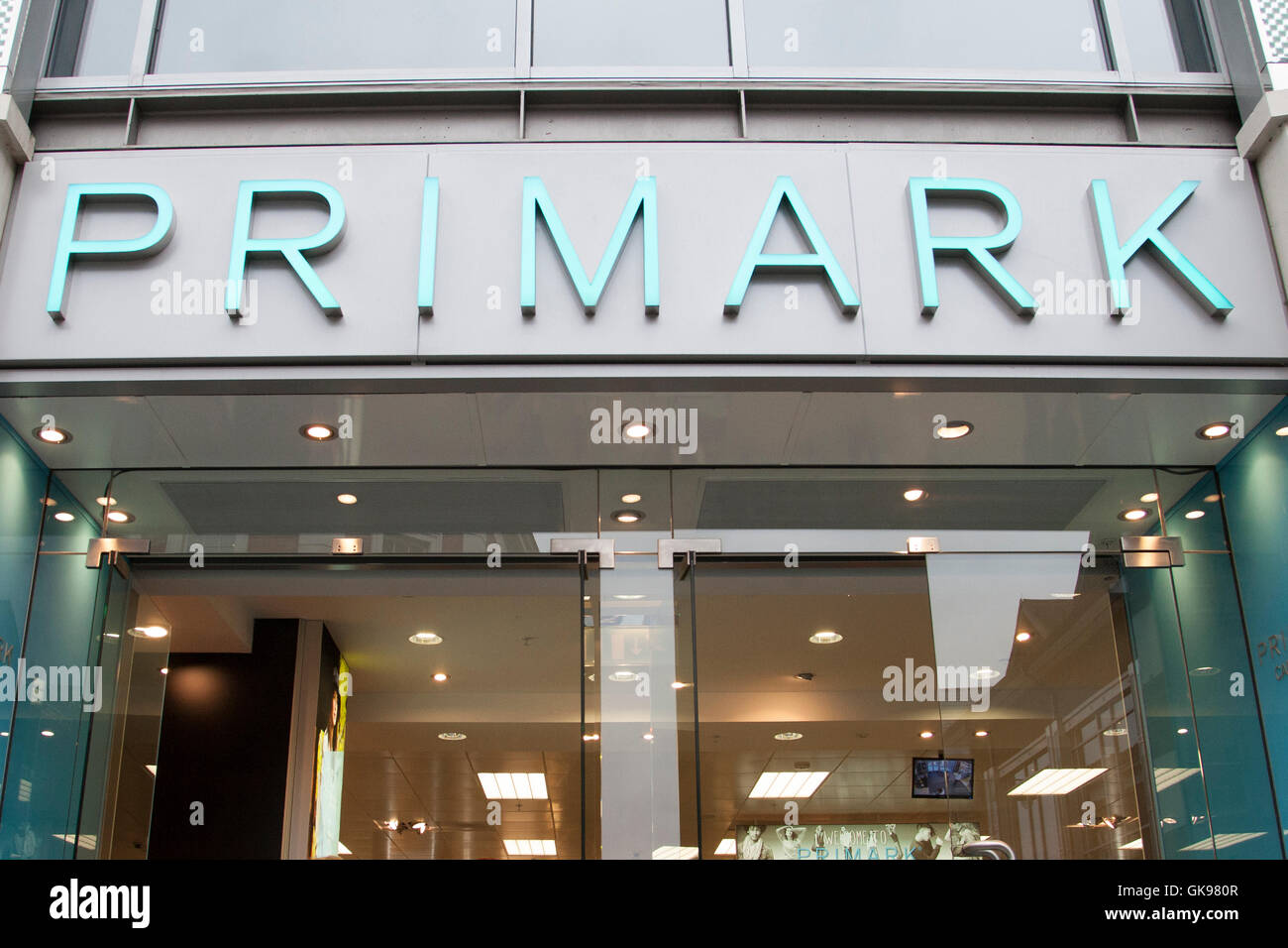 Close up of the Primark sign in a bustling Whitefriars shopping centre