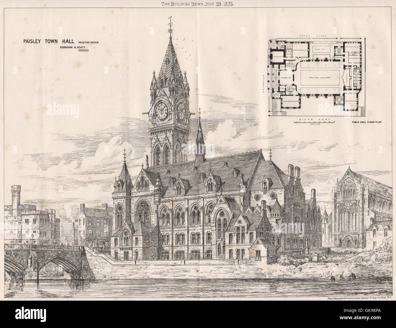 Paisley Town Hall design; Rennison & Scott, Architects. Scotland, print 1875 Stock Photo