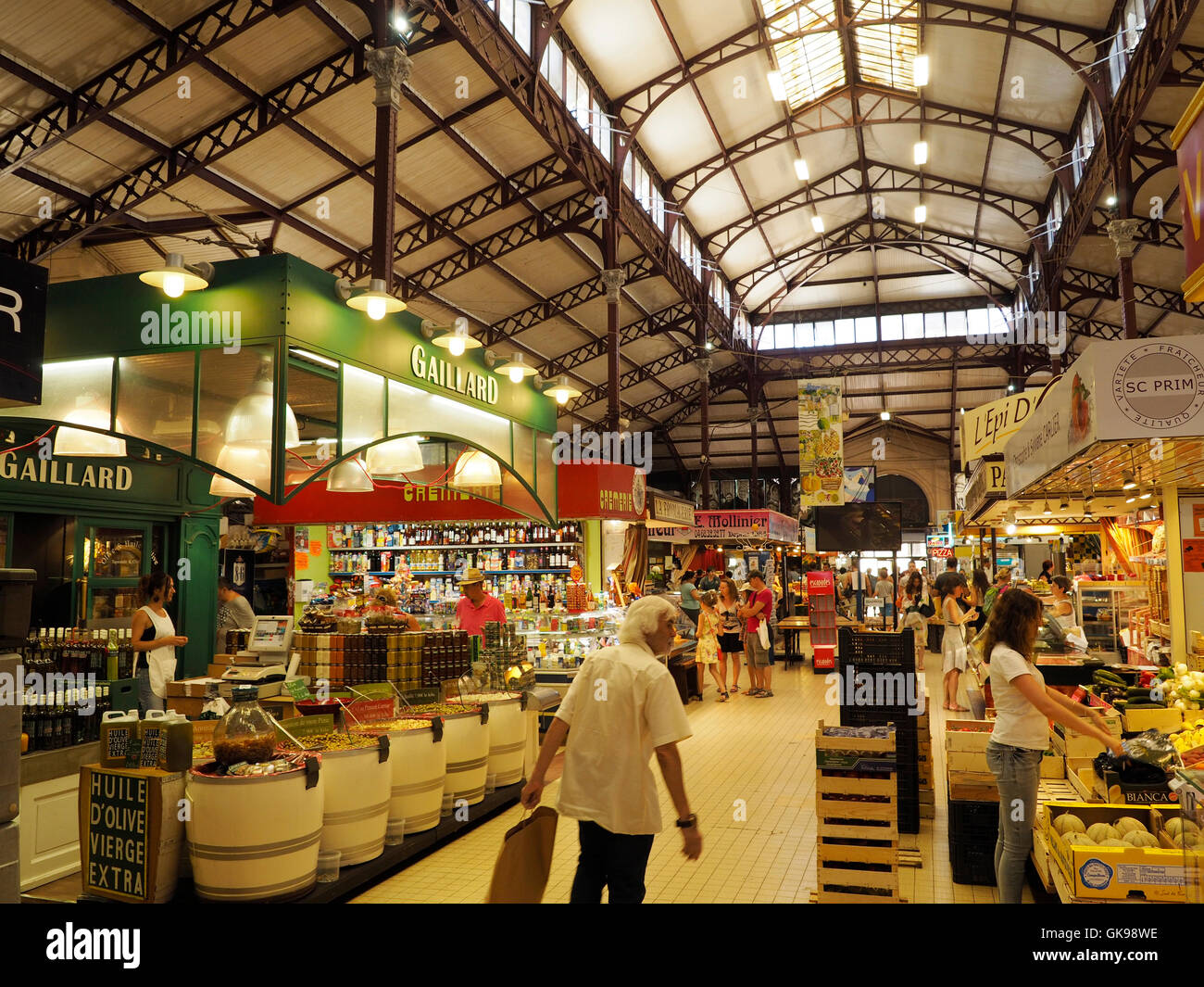 Inside les halles the food market halls in the city center of Narbonne, Languedoc Roussillon, southern France Stock Photo