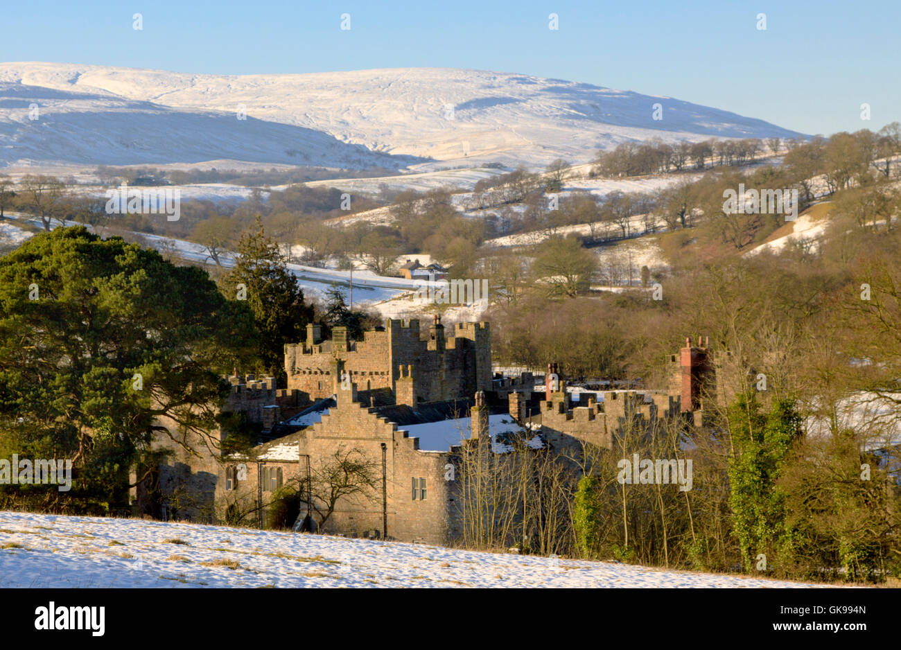 Featherstone Castle, Northumberland, England, and beyond it, the valley