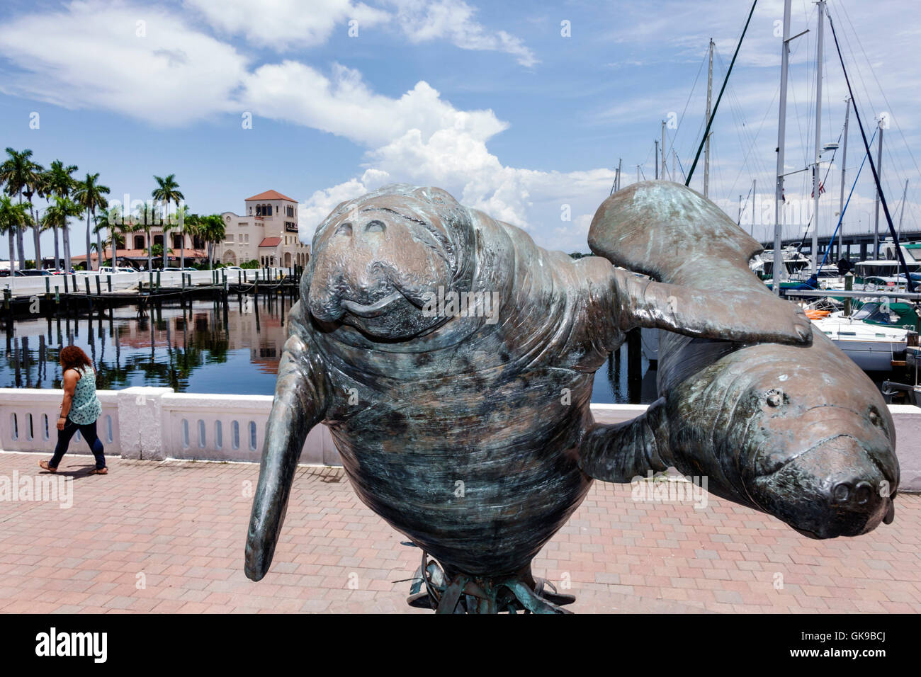 Florida Gulf Coast,Bradenton,Manatee River,Twin Dolphin Marina,historic Bradenton Pier,landmark,sculpture,riverfront,Riverwalk,FL160630140 Stock Photo
