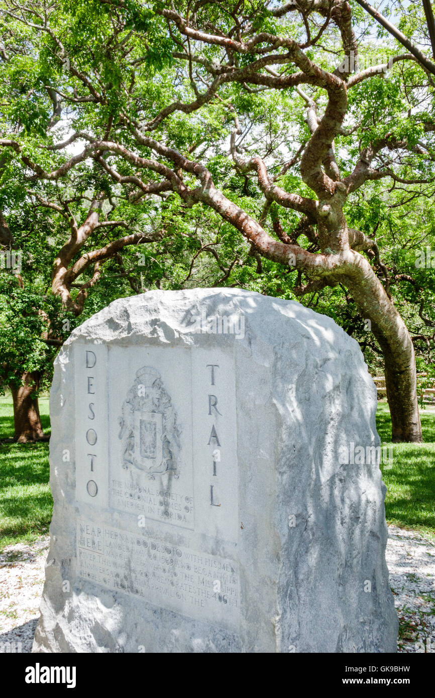 Bradenton Florida,National Park Service,De Soto National Memorial,1539,Hernando de Soto landing,Spanish conquest,landmark,stone marker,De Soto trail,g Stock Photo