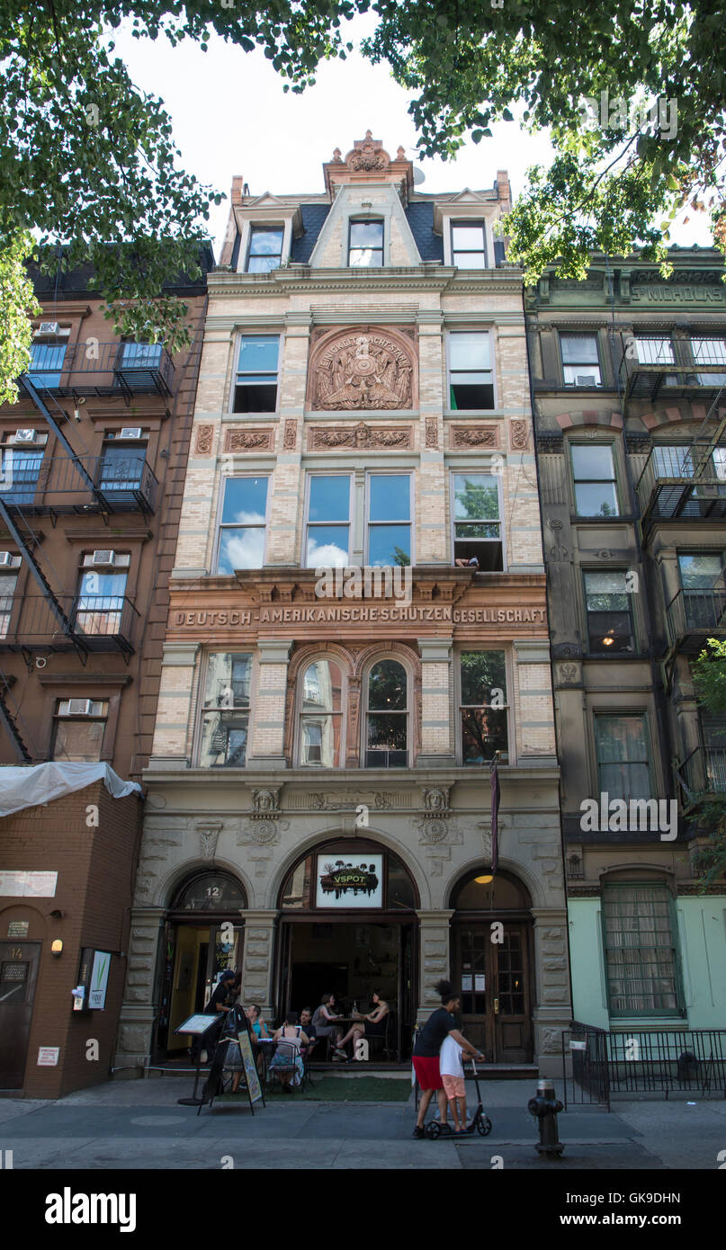 Landmarked German-American Shooting Society Clubhouse building, now V-Spot vegan restaurant on St Mark's Place, New York Stock Photo