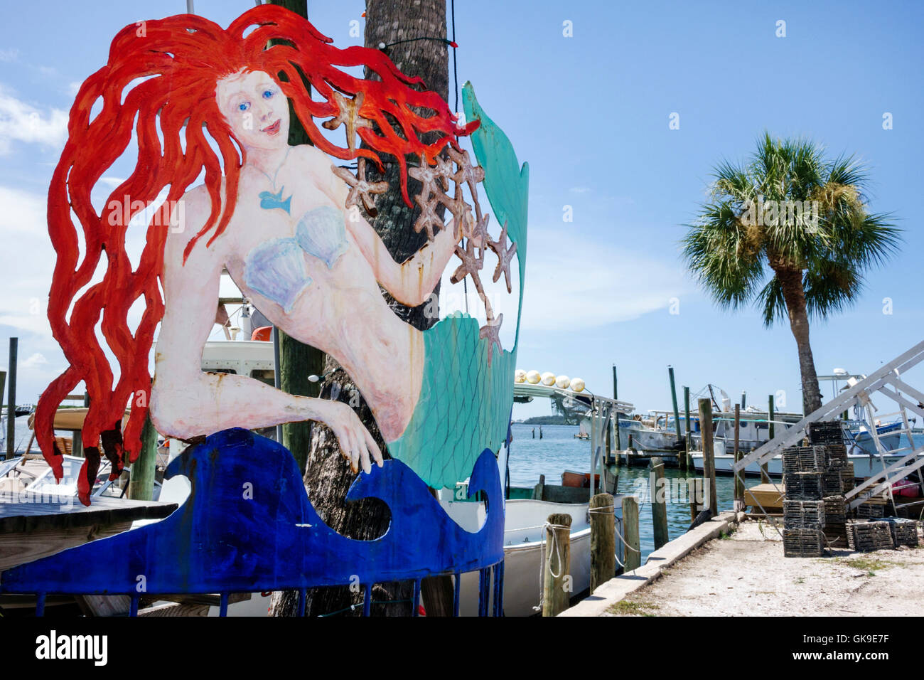 Florida Gulf of Mexico,Cortez,historic fishing village,dock,boat,working waterfront,mermaid,art,FL160630260 Stock Photo