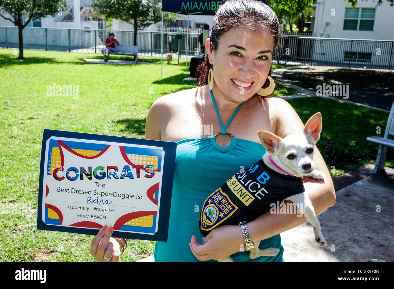 Miami Beach Florida,South Beach,SOFI,South of Fifth,neighborhood,Washington Avenue Dog Park,Wonder Doggie,superhero themed festival,adult adults,woman Stock Photo