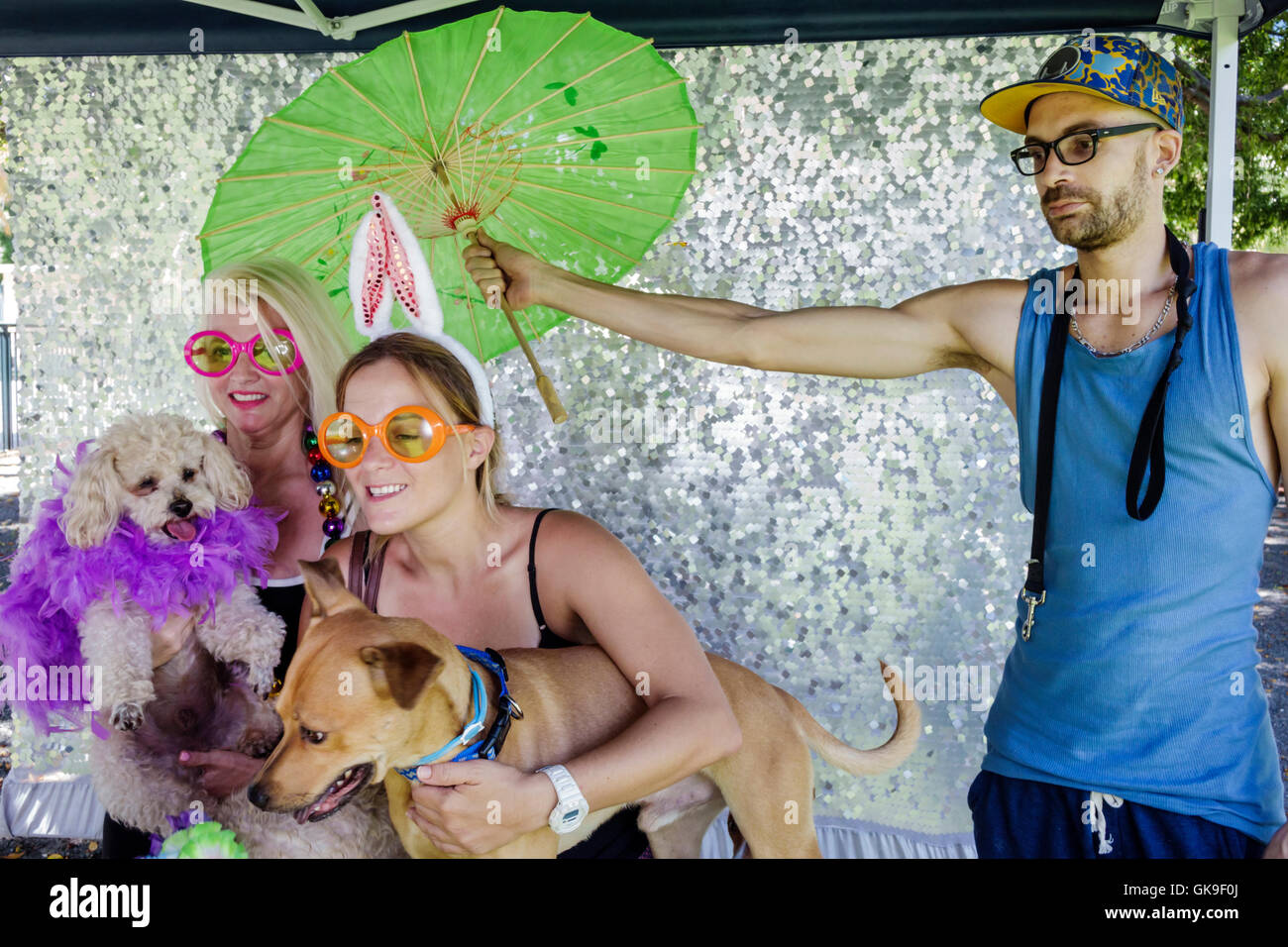 Miami Beach Florida,South Beach,SOFI,South of Fifth,neighborhood,Washington Avenue dog dogs Park,Wonder Doggie,superhero themed event,festival,adult a Stock Photo