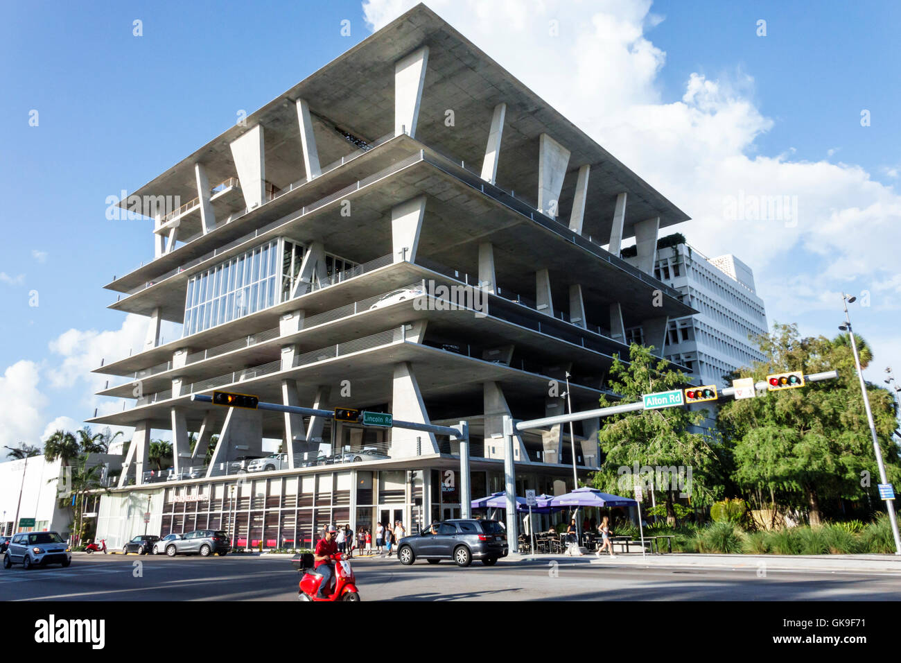 Miami Beach Florida,South Beach,1111 Lincoln Road,parking garage,Herzog & de Meuron,architecture,design,no exterior walls,intersection,traffic light,m Stock Photo