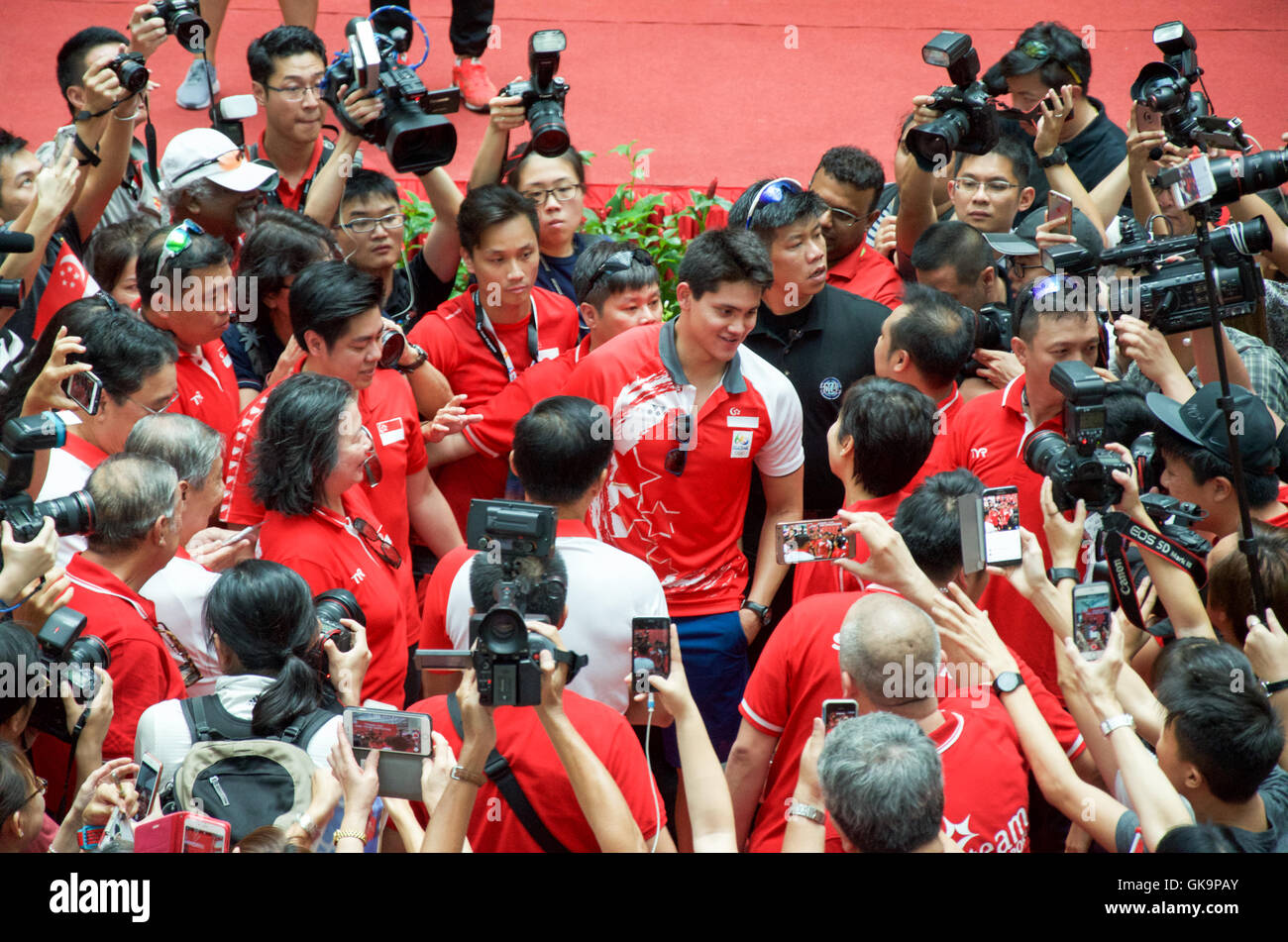 Joseph Schooling, the Singapore's first Olympic gold medalist, on his victory parade around Singapore Stock Photo