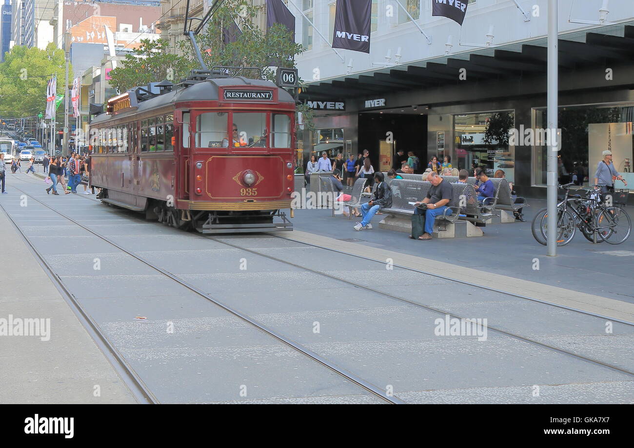 Tram restaurant runs through Burke Street in Melbourne Australia. Stock Photo