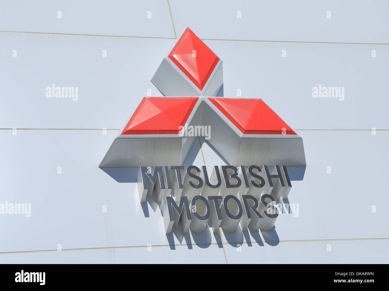 Mitsubishi Car manufacture logo, Japanese multinational automotive manufacture formed in 1970 and 16th biggest worldwide. Stock Photo