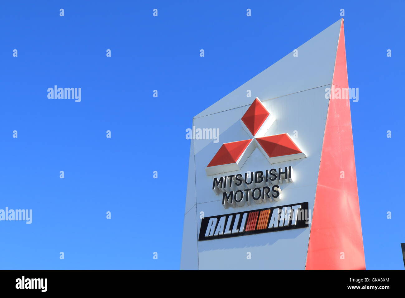 Mitsubishi Car manufacture logo, Japanese multinational automotive manufacture formed in 1970 and 16th biggest worldwide. Stock Photo