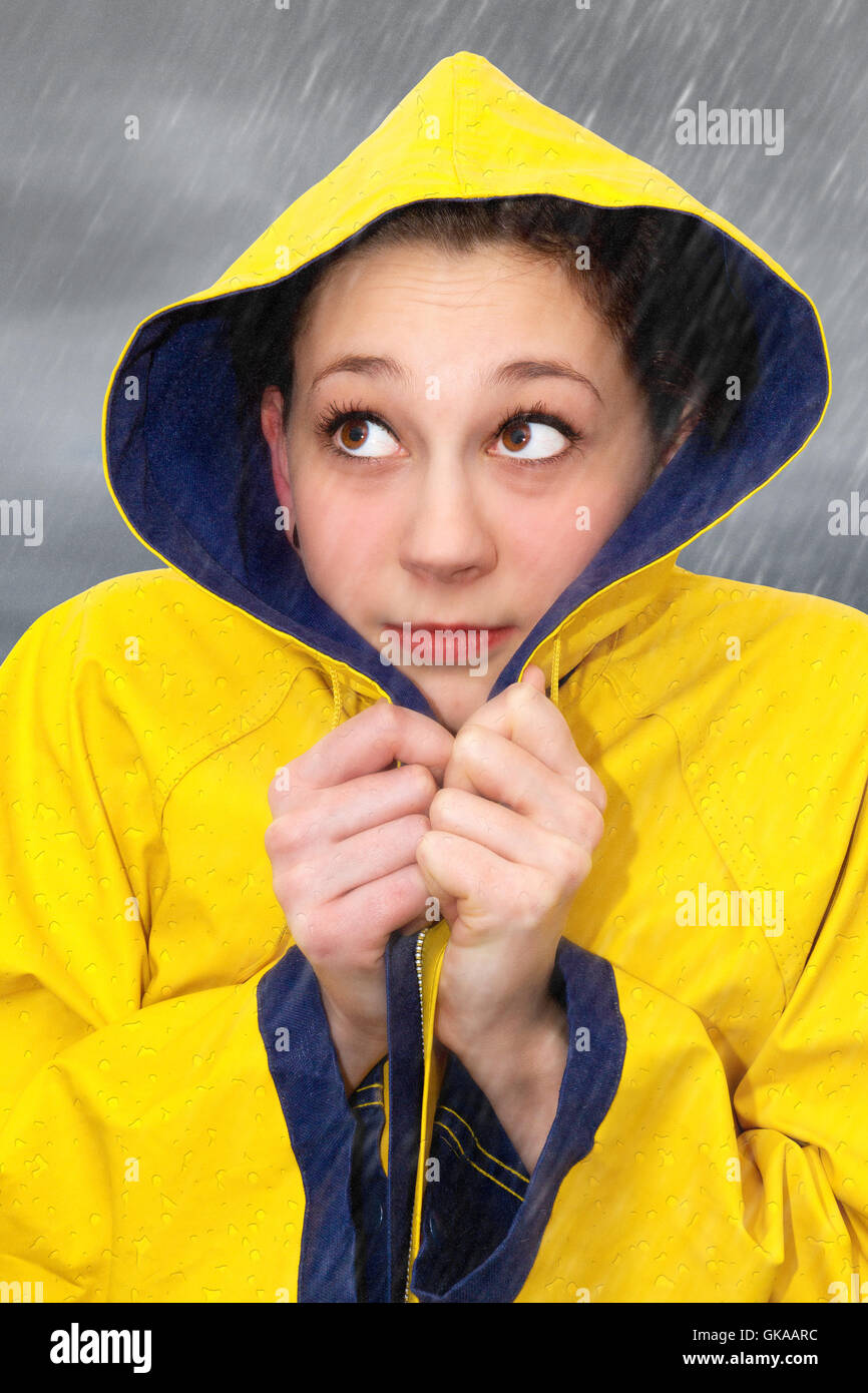 woman raindrop raincoat Stock Photo
