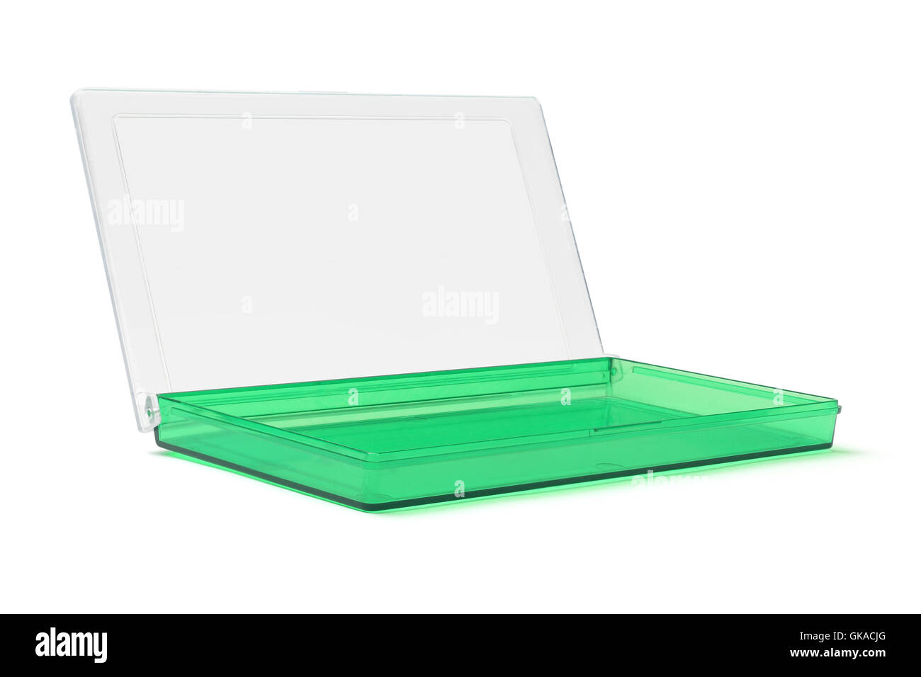 Green Plastic Stationery Box on White Background Stock Photo