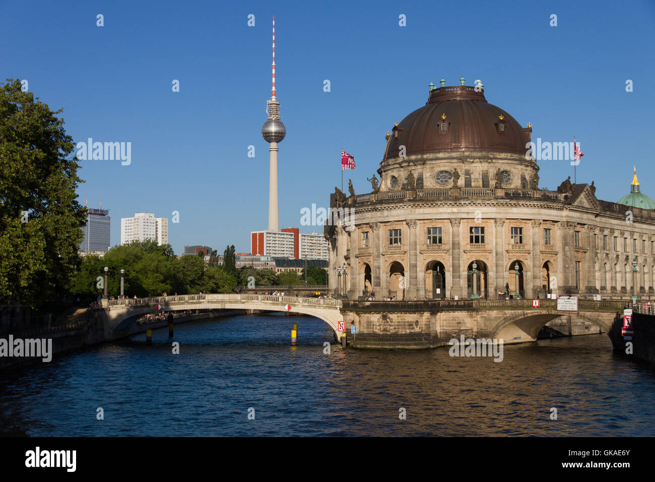 view of the spree to the bode museum on berlin's museum island with the television set Stock Photo