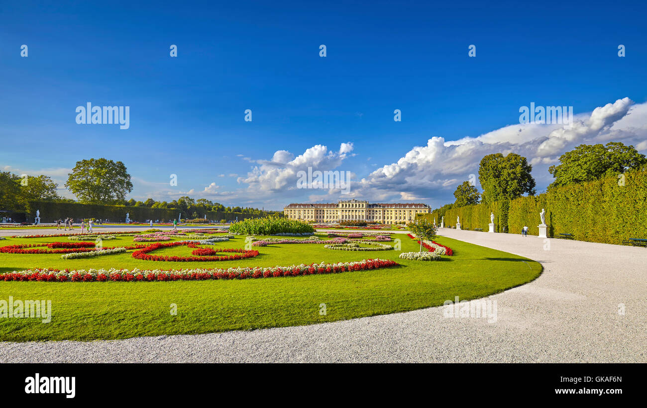 Panoramic view of garden in the Schonbrunn Palace complex. Stock Photo