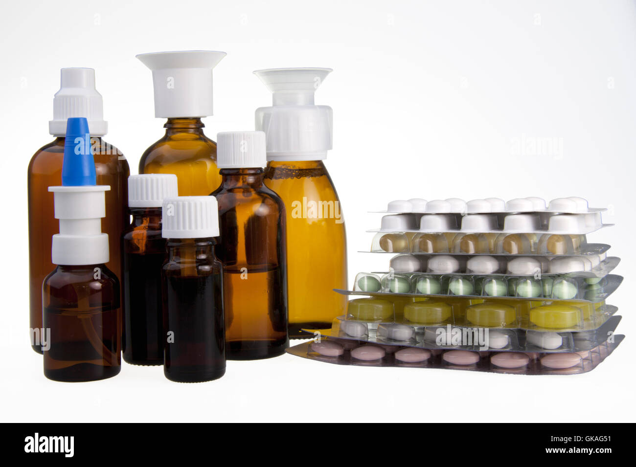 medication bottles,spray and tablets Stock Photo Alamy