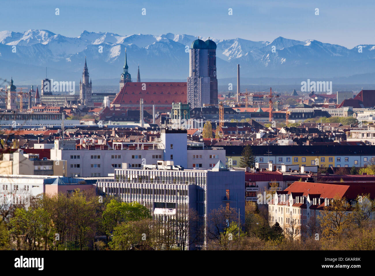 munich with hairdryer with a view of the alps Stock Photo