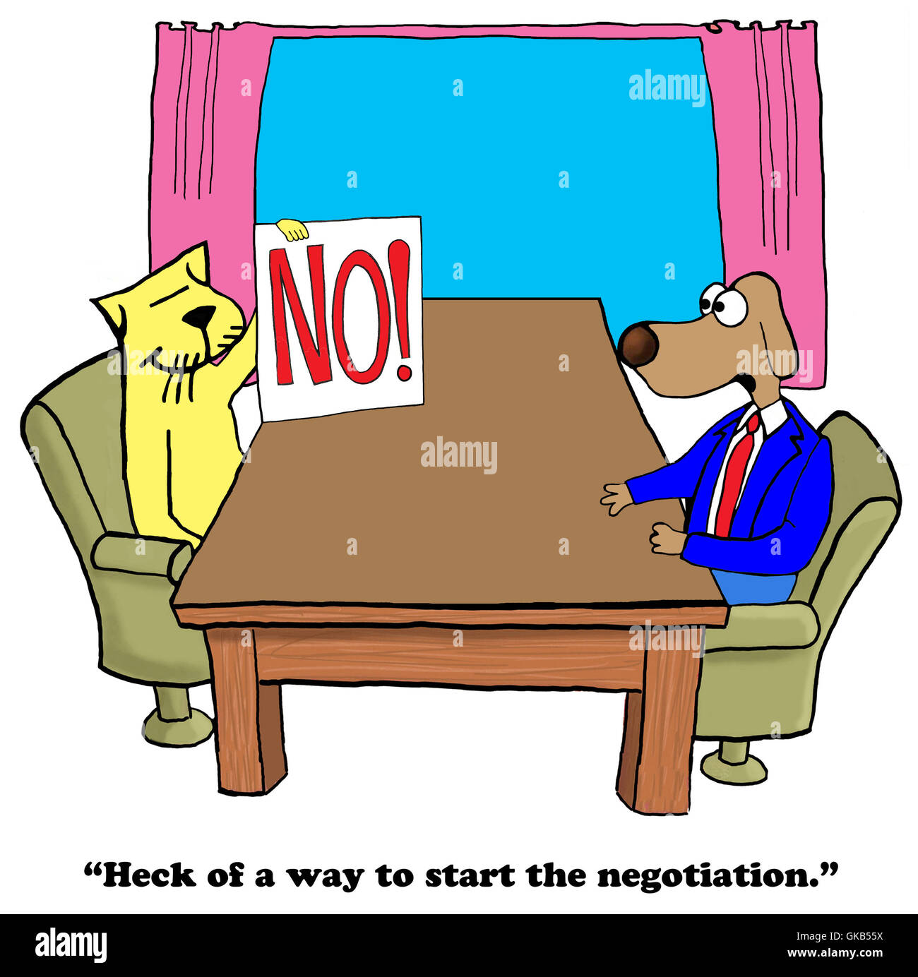 Cartoon about the lack of compromise in a negotiation. Stock Photo