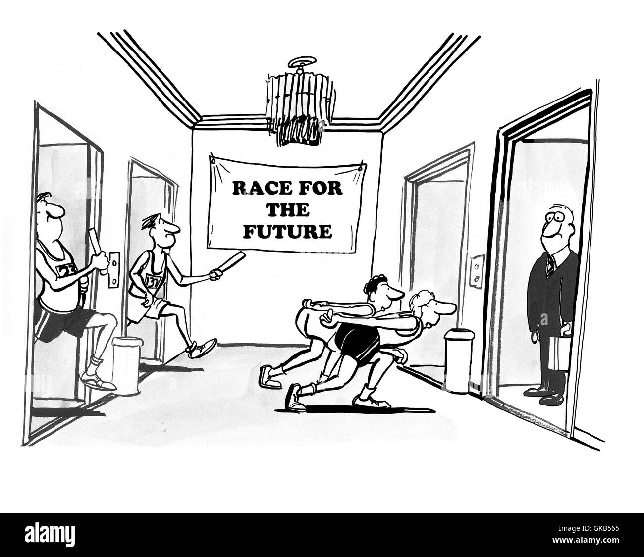 Business cartoon about race for the future. Stock Photo