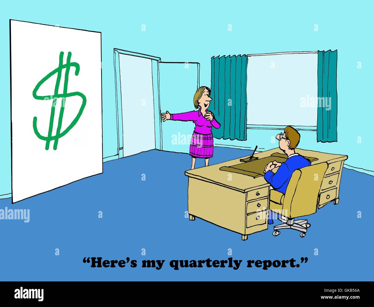 Business cartoon about an outstanding quarterly report. Stock Photo