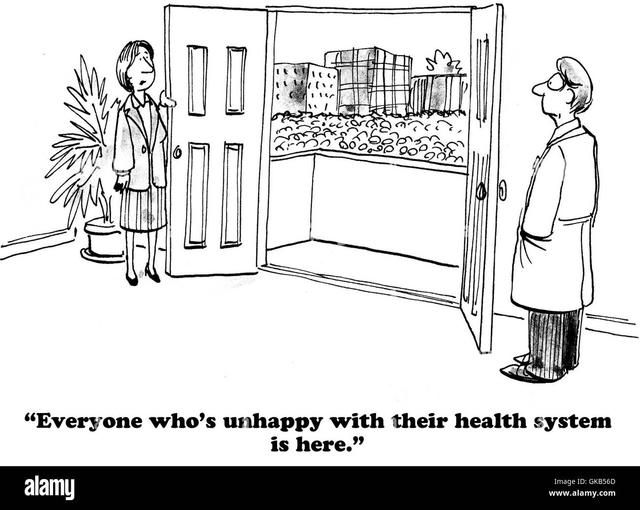 Medical insurance cartoon about the many people unhappy with nationalized health insurance. Stock Photo
