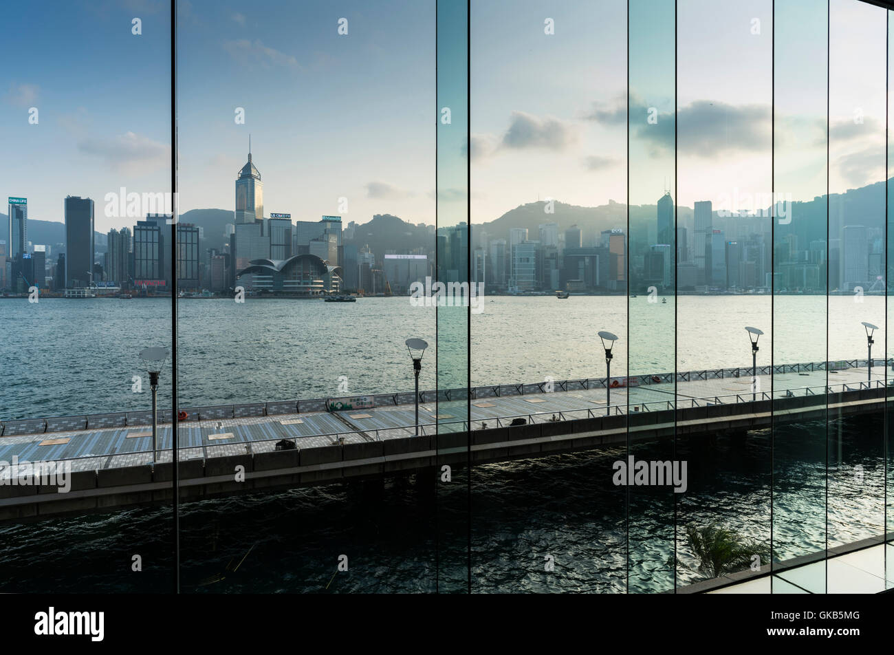 Hong Kong Building Glass Curtain Wall With Cityscape Stock Photo