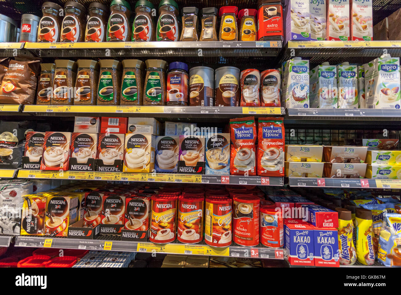 coffees in shop shelf on supermarket Mpreis in Austria Stock Photo
