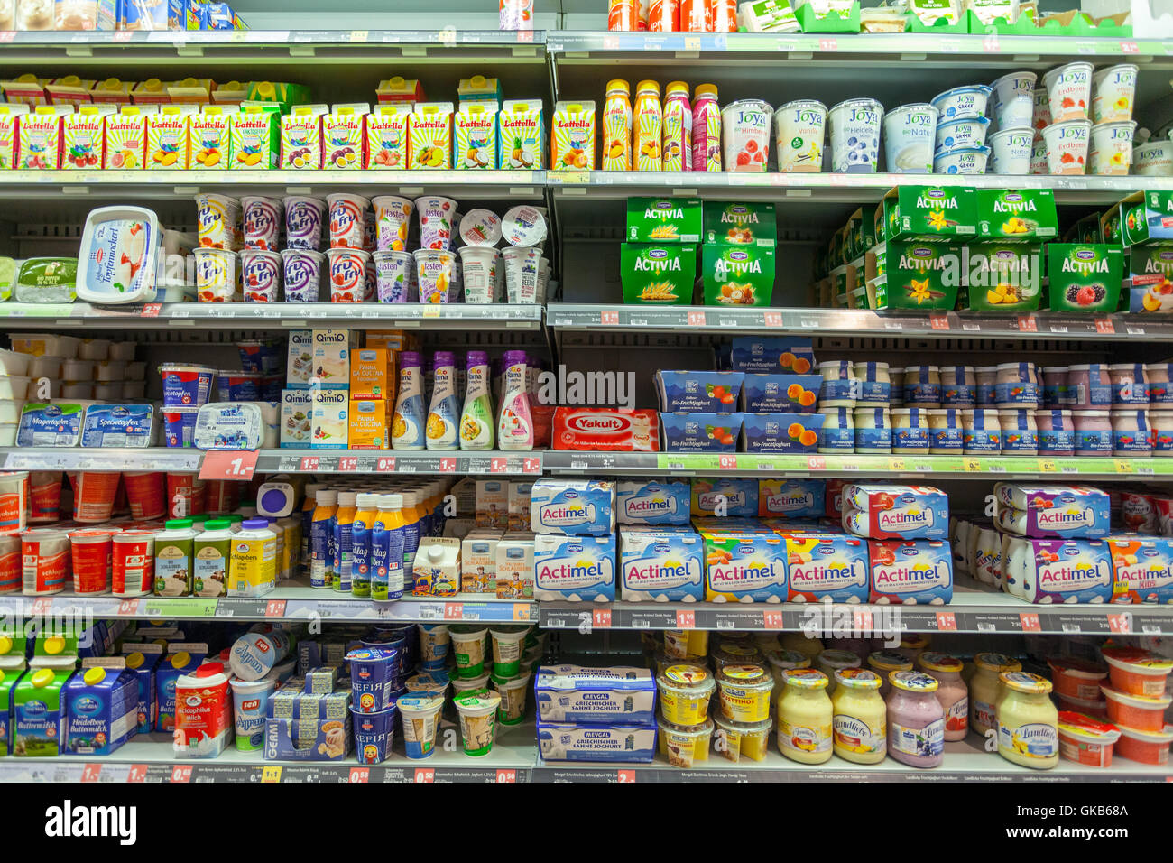 Cheese and milk shelf in an austrian supermarket Mpreis in Hippach Stock Photo