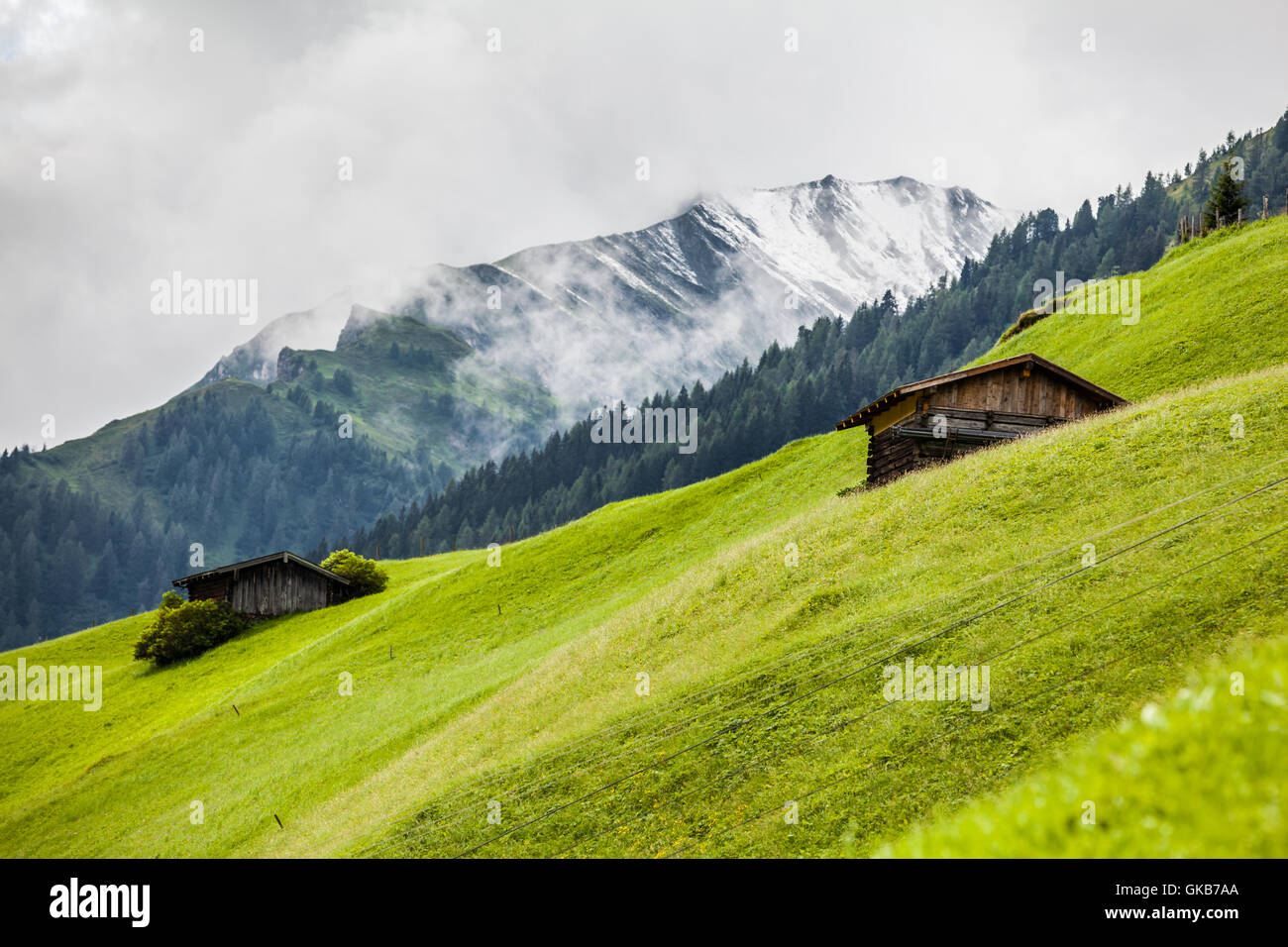 Wooden Cabin With Green Mountain In Tirol Stock Photos Wooden