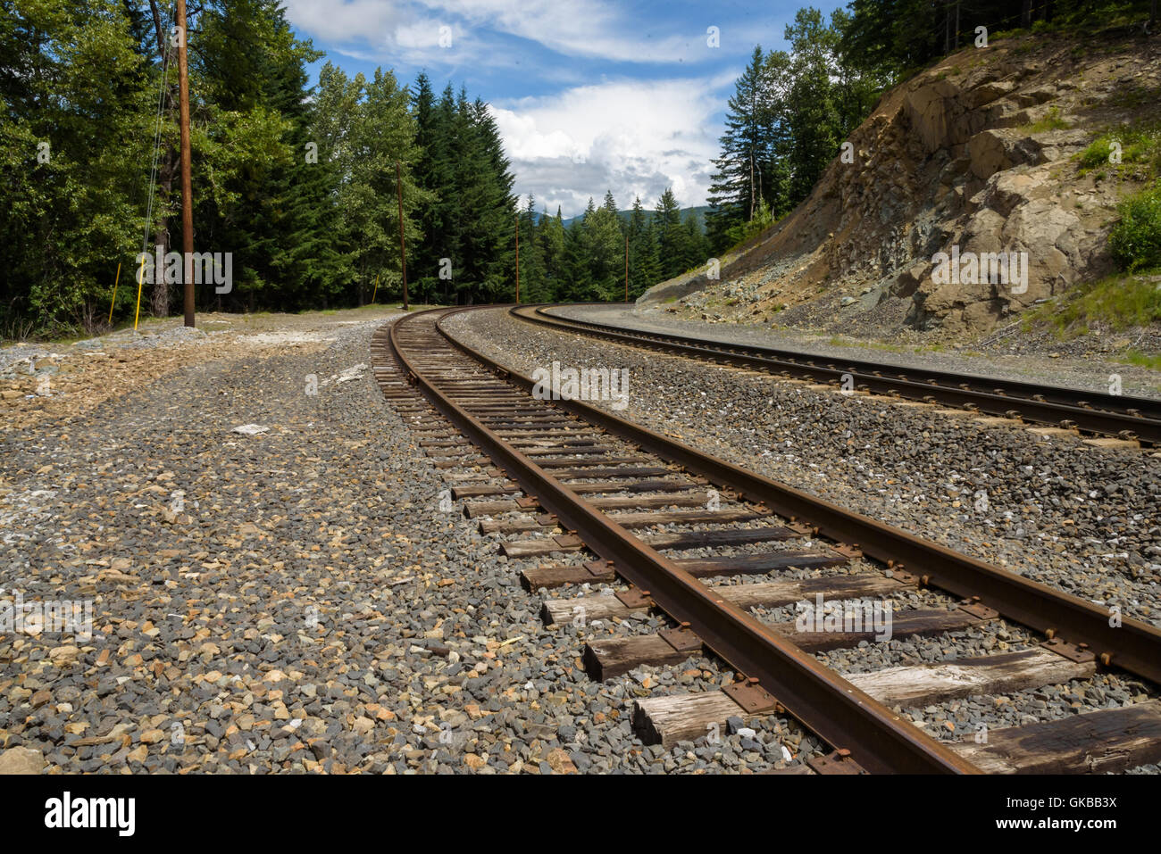 Two sets of train tracks curving into the landscape Stock Photo