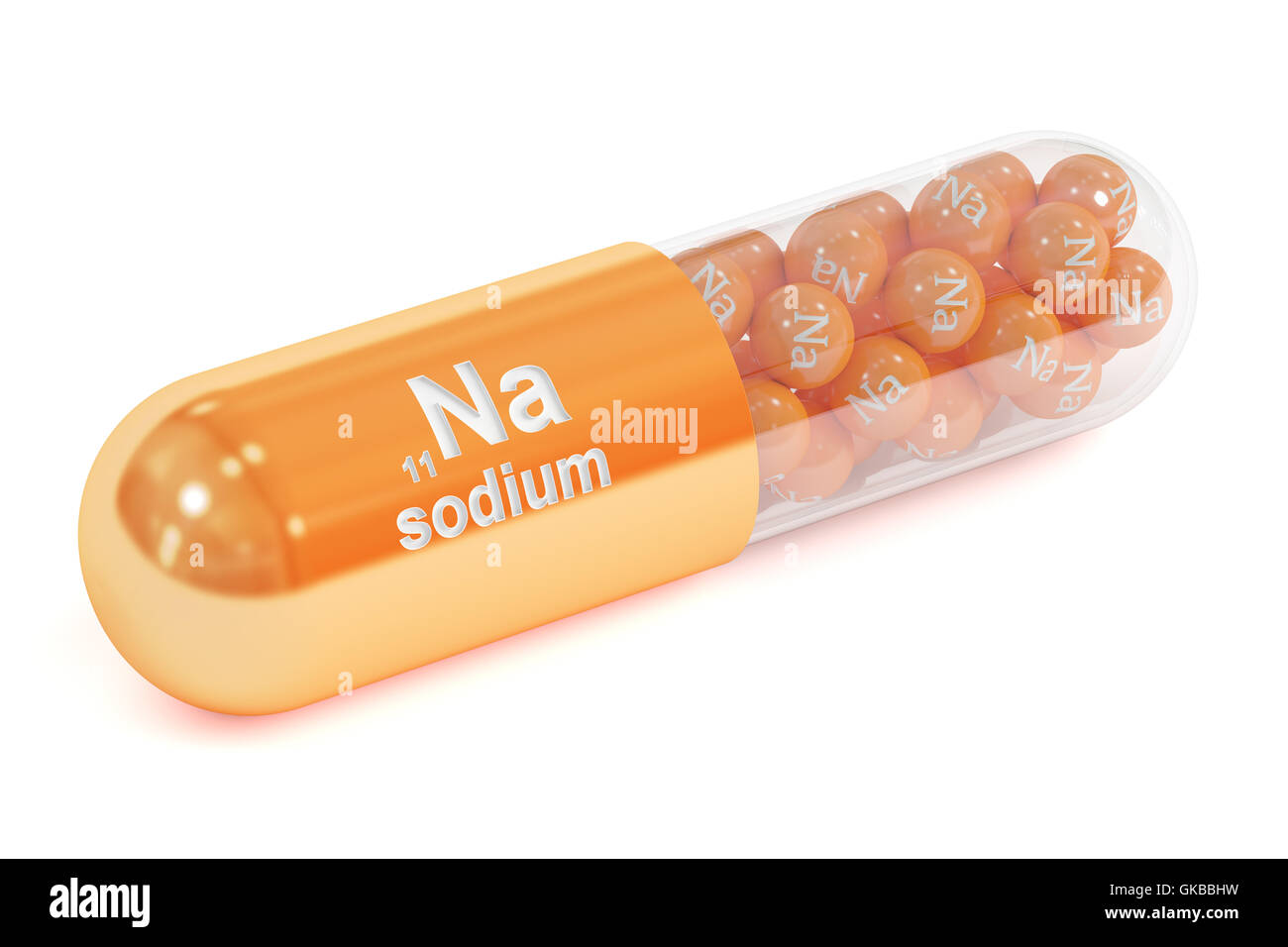 Capsule with sodium Na element Dietary supplement, 3D rendering