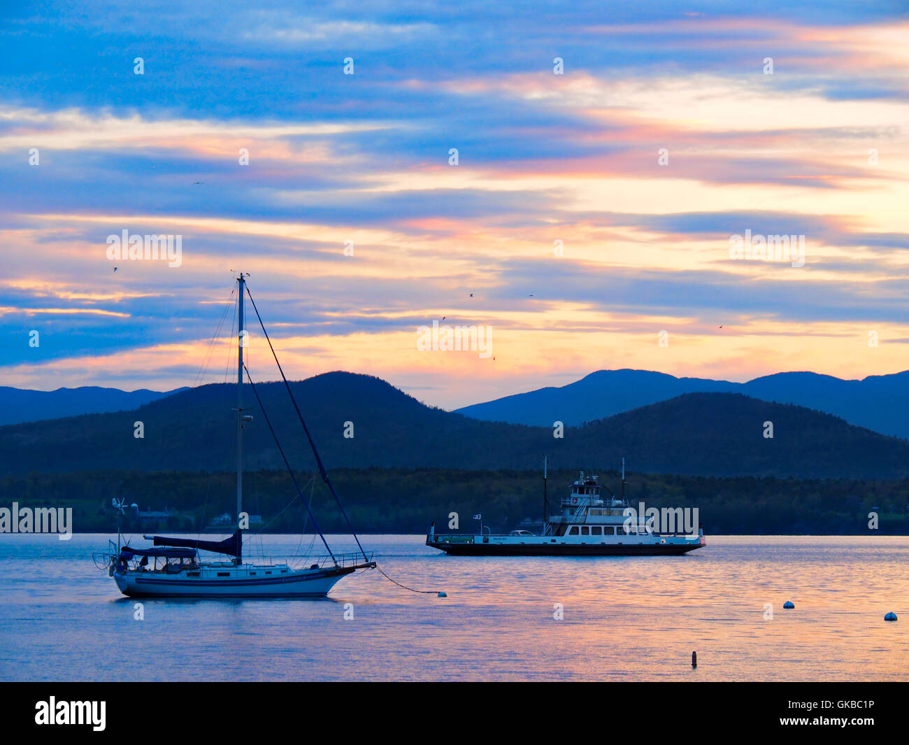 Ferry, Essex Charlotte Ferry Dock.view of Lake Champlain and the