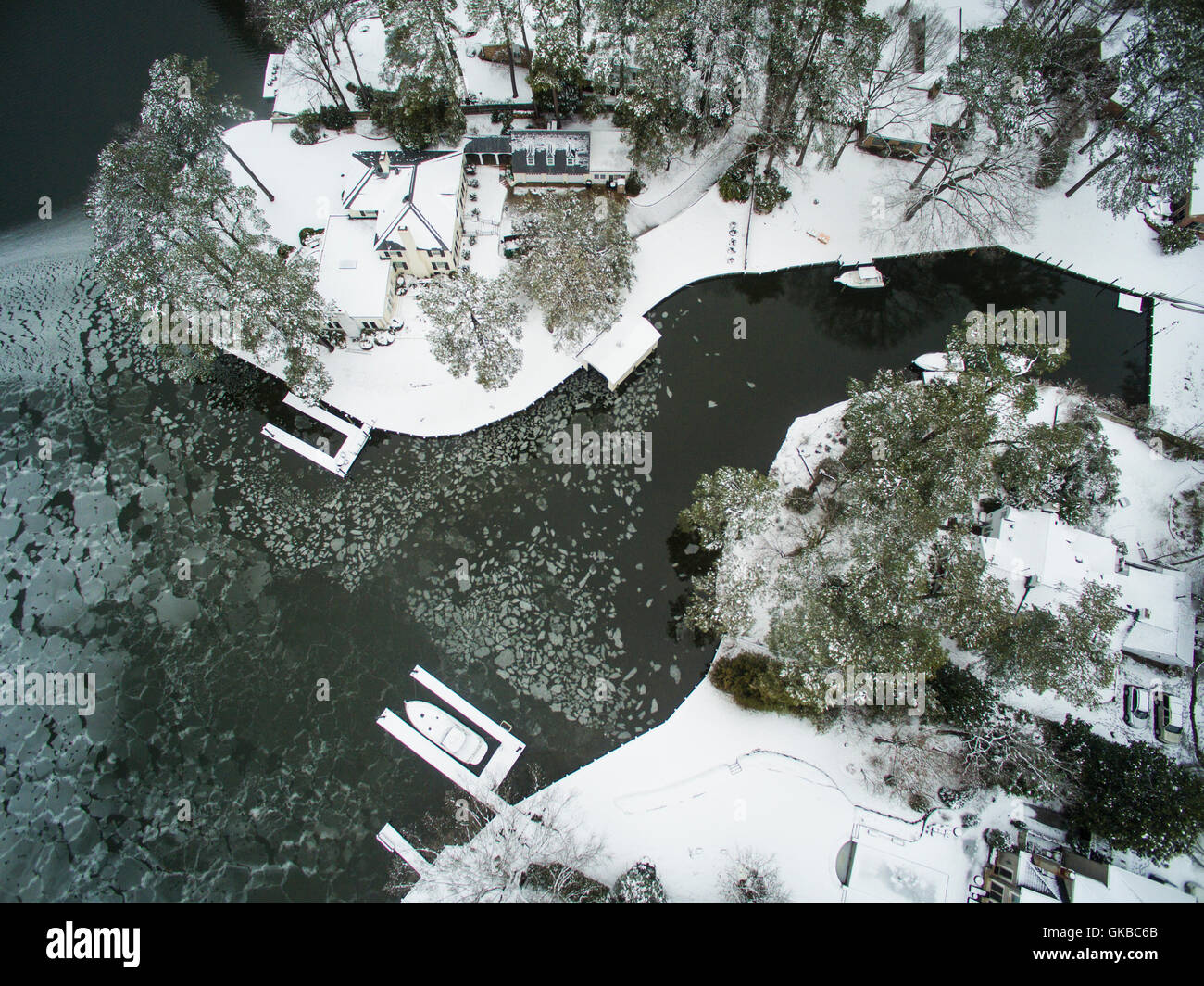 Aerial of Crystal Lake in winter with snow and ice, Virginia Beach