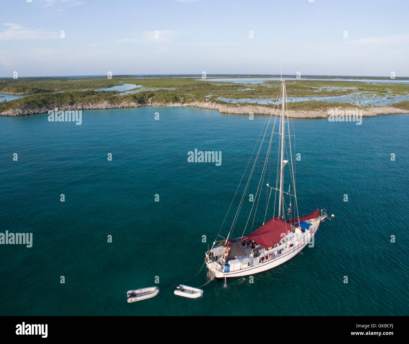 Aerial of a sailboat off the coast of Shroud Cay, Exuma Cays, Bahamas Islands Stock Photo