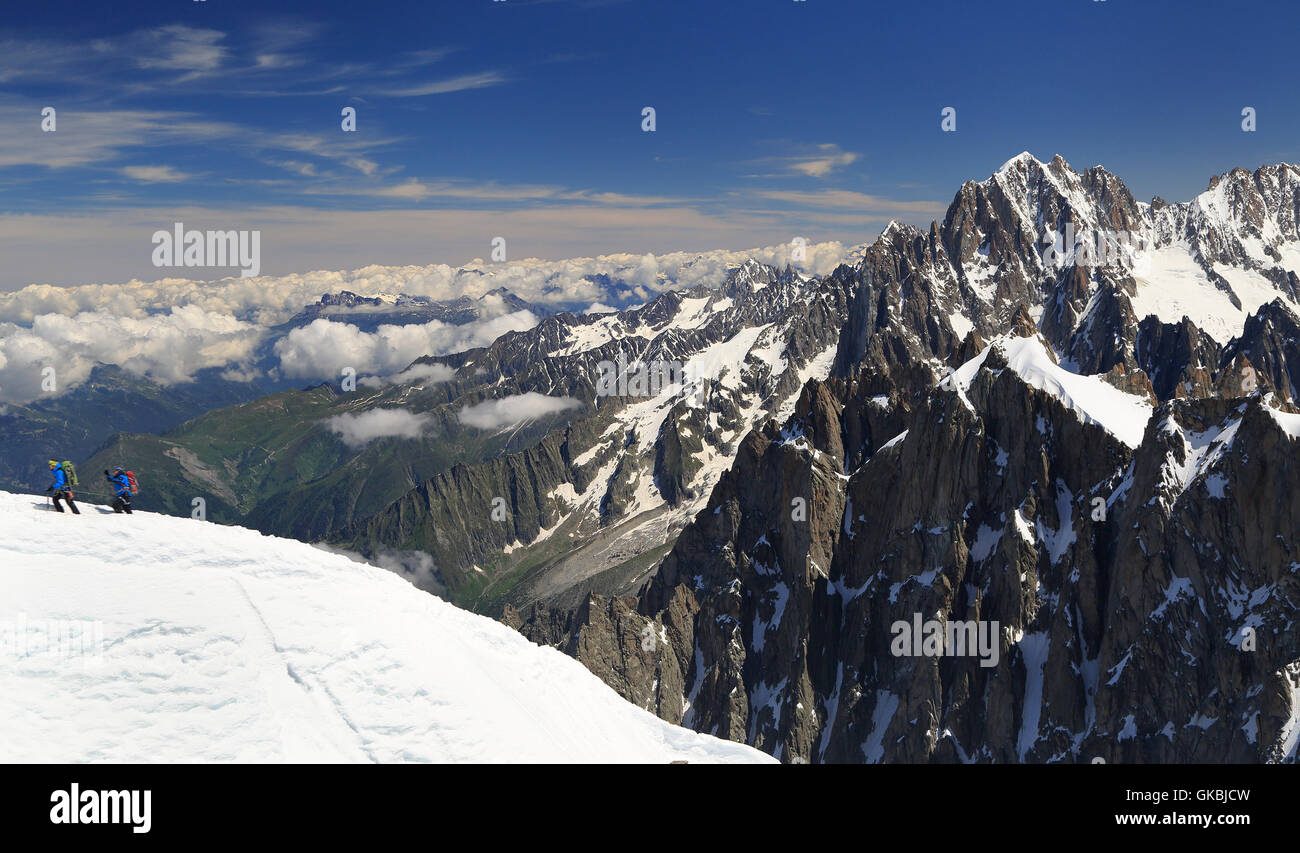 Climbers on French Alps Mountains near Aiguille du Midi, France, Europe Stock Photo