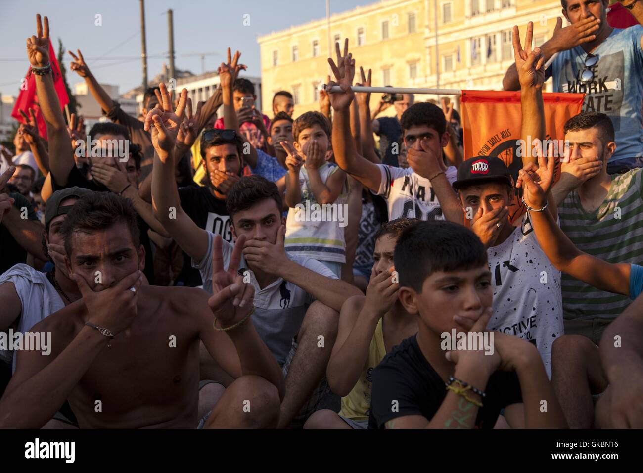 Syrian refguees call in Athens for open borders. Due to closed borders within Europe can t continue to travel toward North Europe. 14.07.2016 | usage worldwide Stock Photo