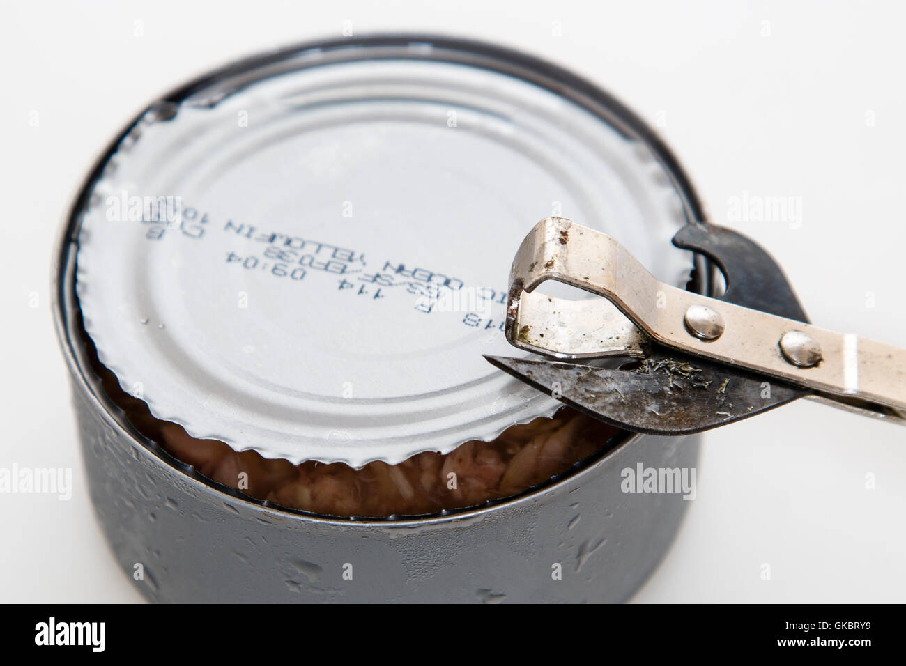 Tin Can with Old School Knife style opener Stock Photo