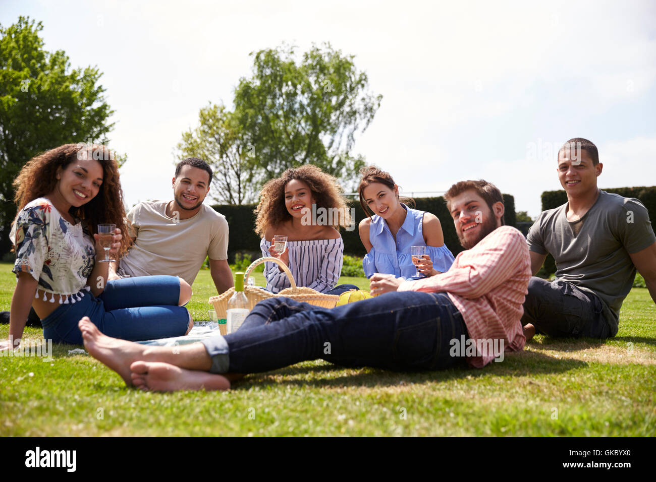 Group of young adult friends having a picnic look to camera Stock Photo
