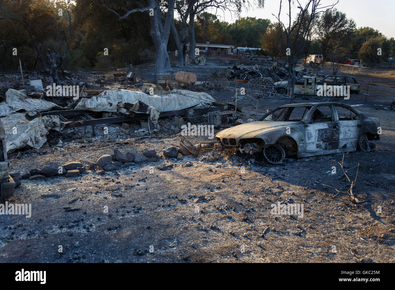 The Clayton Fire moved through the town of Lower Lake, CA quickly, burning up to 175 homes and some businesses on main St. Stock Photo