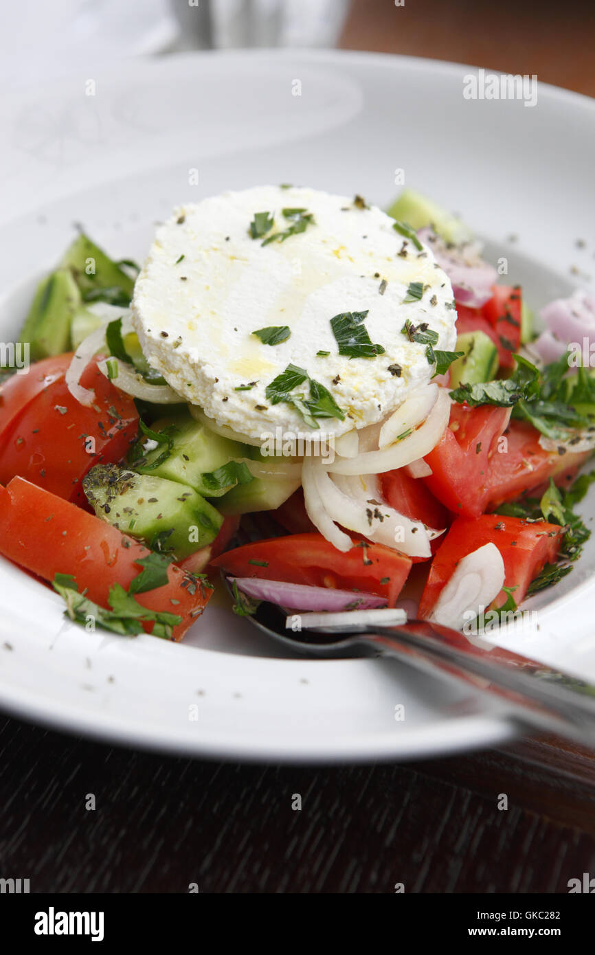 Restaurant Fillet in Drama, Greece. Greek salad Stock Photo