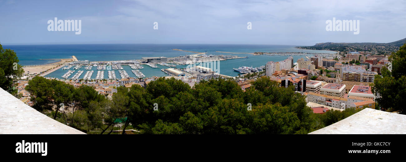 High viewpoint extreme panorama of Denia marina and port from the castle Stock Photo