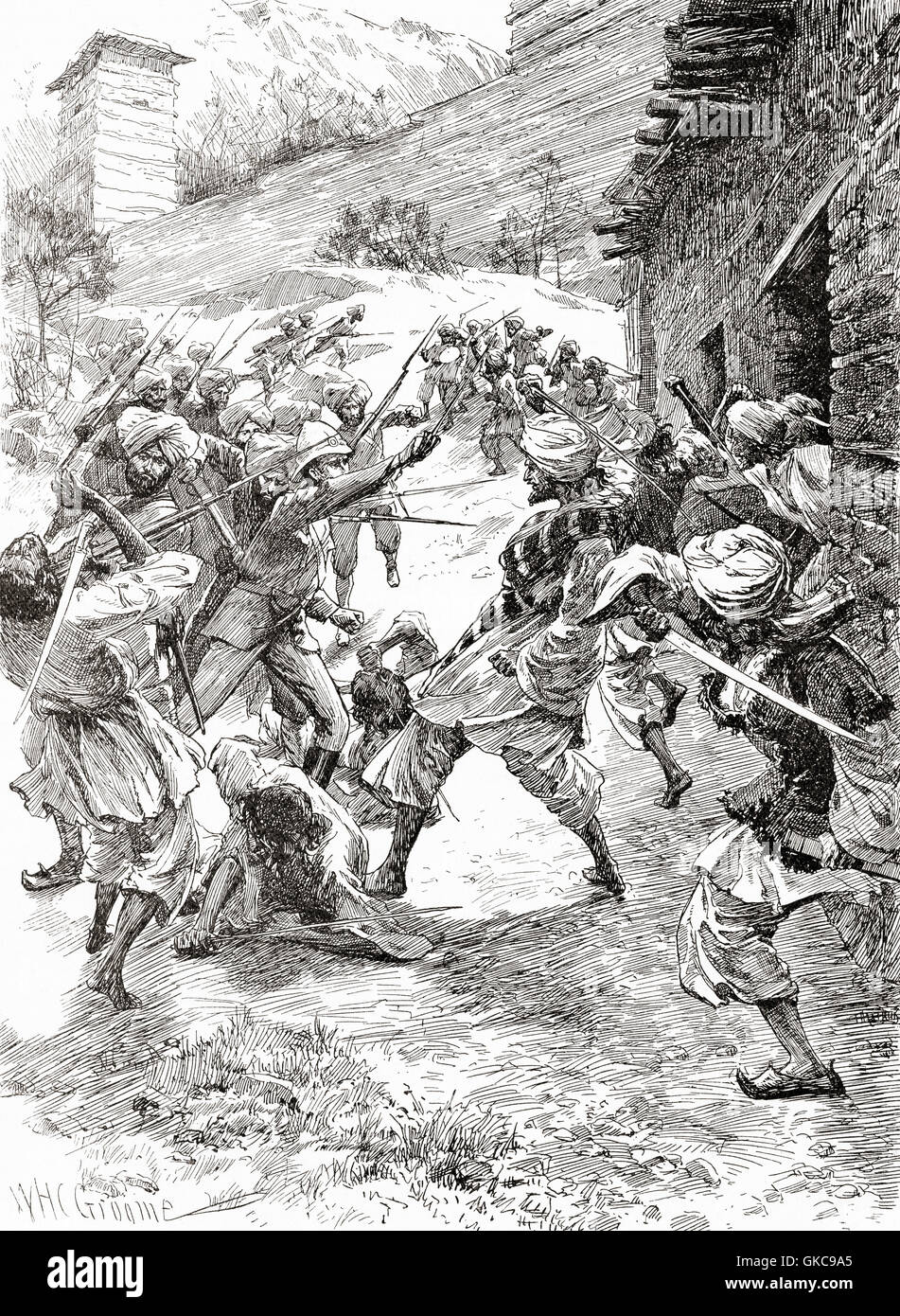 British troops from Peshawar, Pakistan attack the Chitrali mine where the Chitralis were digging a tunnel in order to blow open the fort at Chitral which was under siege after a local coup in 1895. Stock Photo