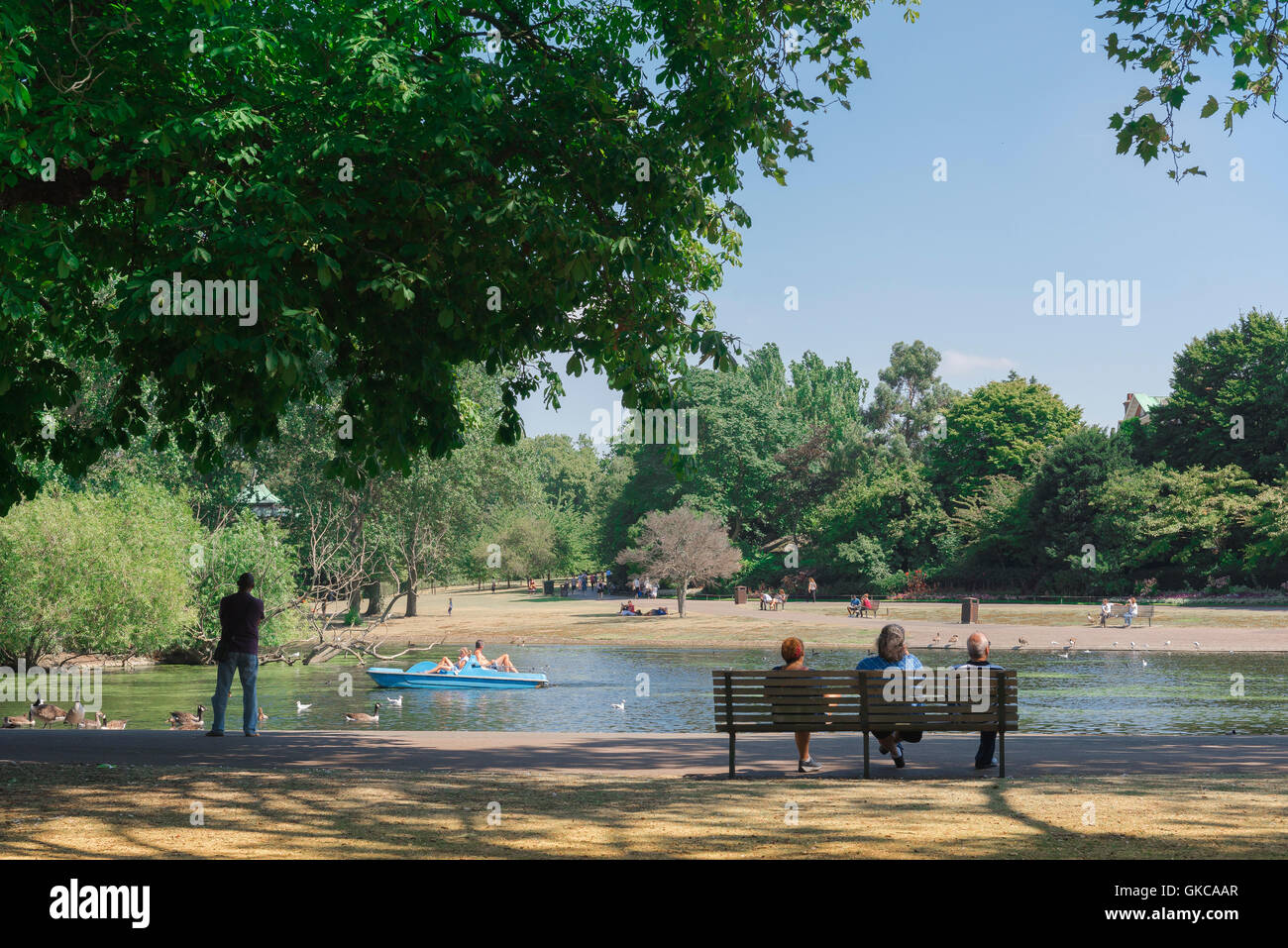 Regent's Park London, view on a summer afternoon of tourists seated on a bench watching people on the boating lake, UK. Stock Photo