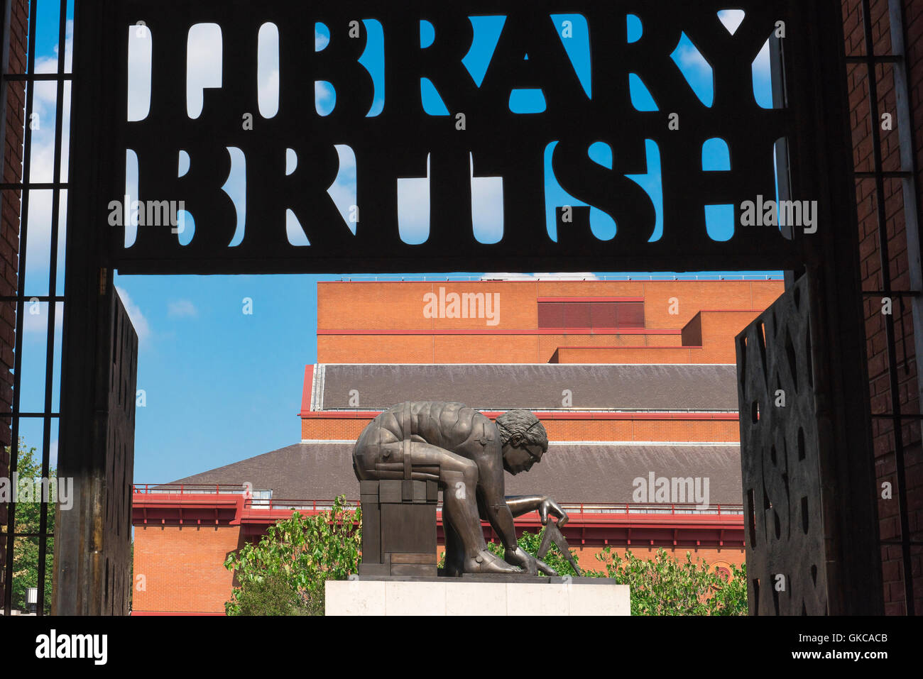 British Library, the entrance to the British Library in London, showing a statue of William Blake's representation of Sir Isaac Newton by Paolozzi. Stock Photo