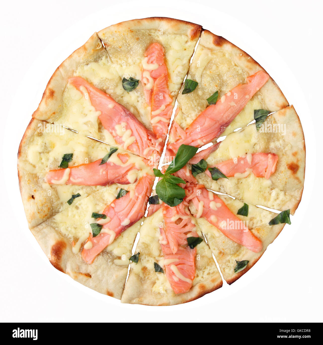 Pizza with salmon and creamy sauce Stock Photo Alamy