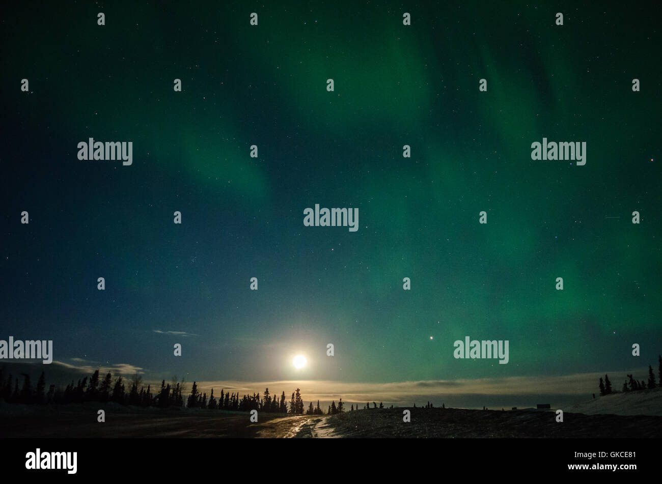 Green from an aurora fills the sky above the full moon Stock Photo