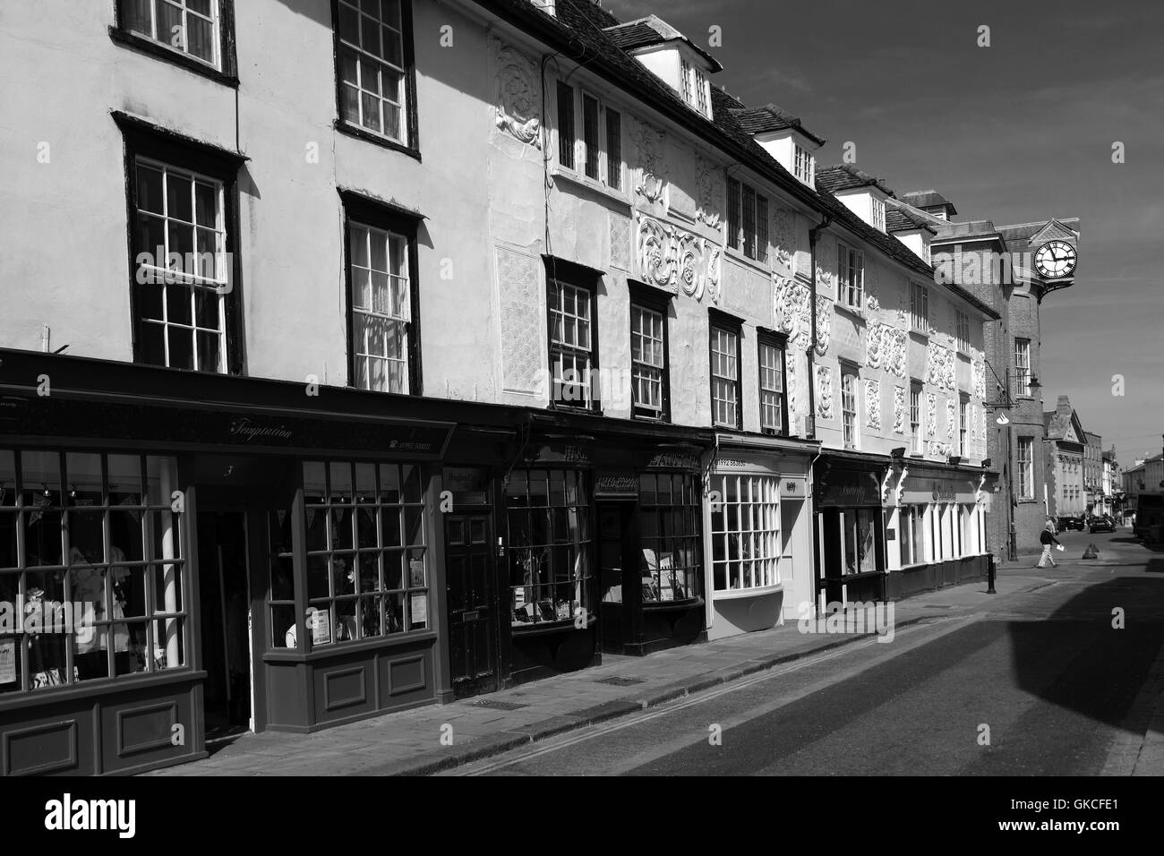 A row of shops in Hertford town, Hertfordshire, England. Stock Photo