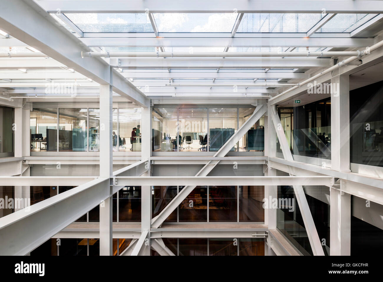 Interior view of of white structural system. Timmerhuis, Rotterdam, Netherlands. Architect: OMA Rem Koolhaas, 2015. Stock Photo